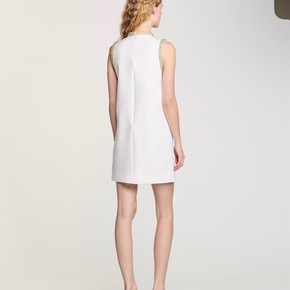 Sandro White Sleeveless Short Dress with Gold Rhinestone Trim - Picture 4 of 4